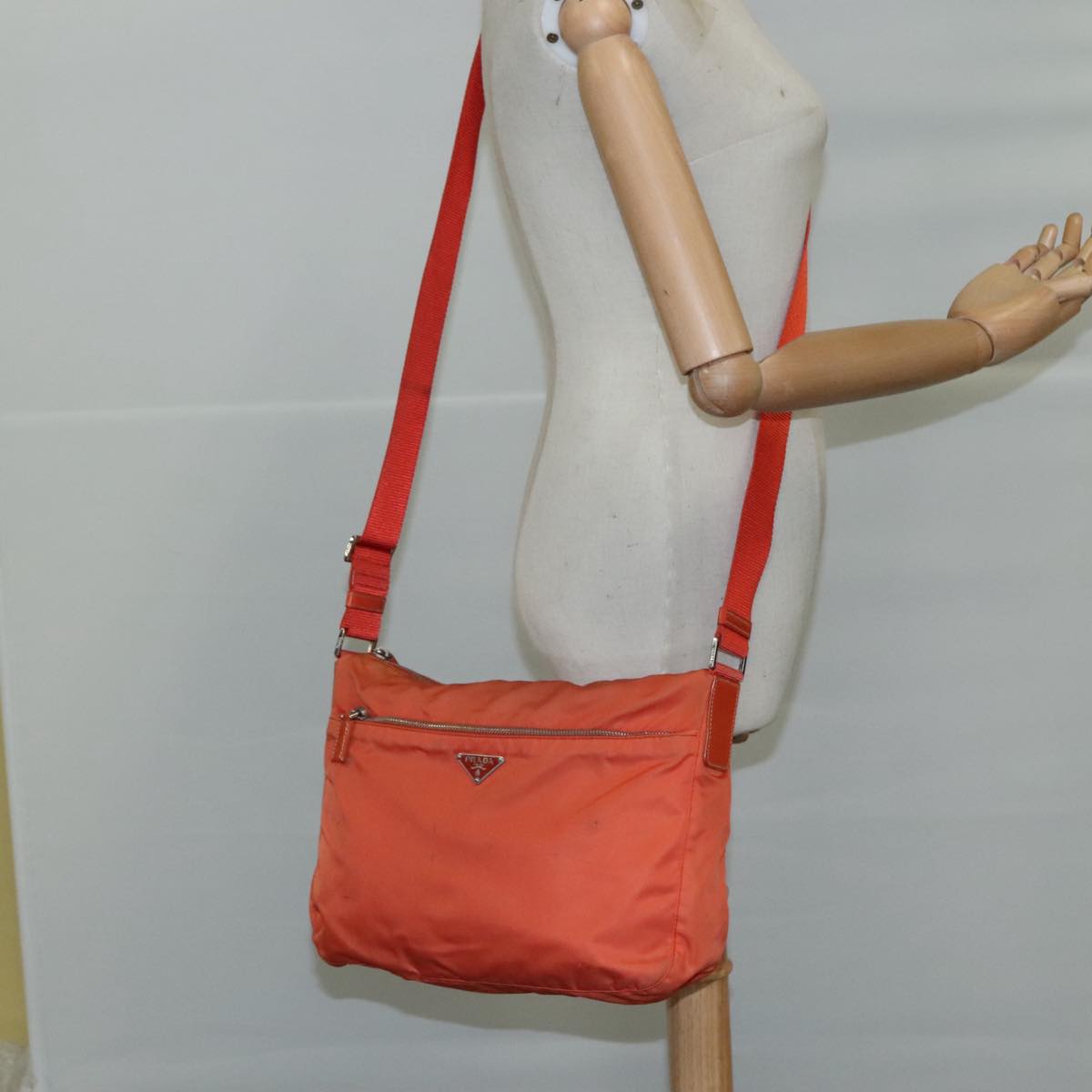 PRADA Shoulder Bag Nylon Orange Silver Auth 108312
