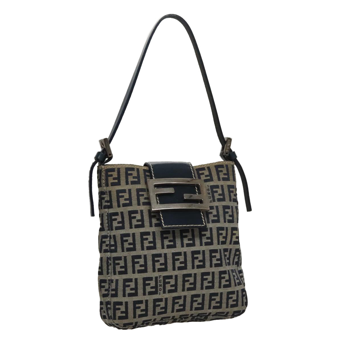 FENDI Zucchino Canvas Hand Bag Navy Silver Auth 108378V