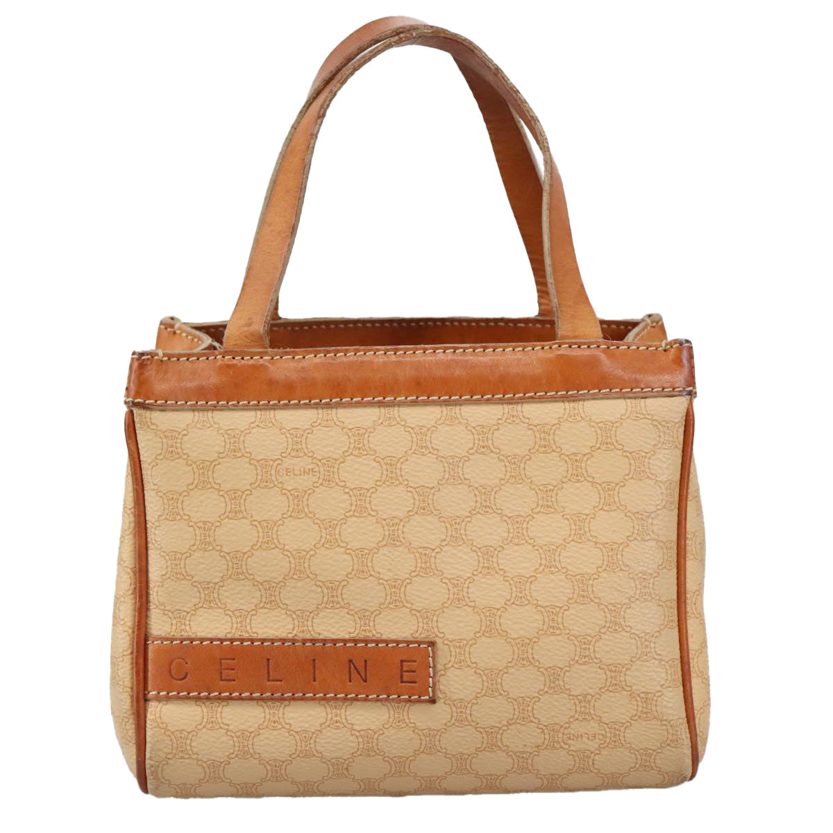 CELINE Macadam Canvas Hand Bag PVC Leather Beige Brown gold Auth 108393