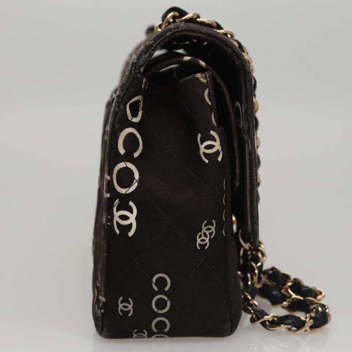 CHANEL Matelasse Chain Shoulder Bag Canvas Black Gold CC Auth 108396