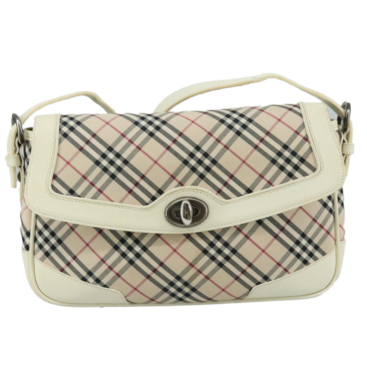 BURBERRY Nova Check Shoulder Bag Canvas Leather Beige White Silver Auth 108570
