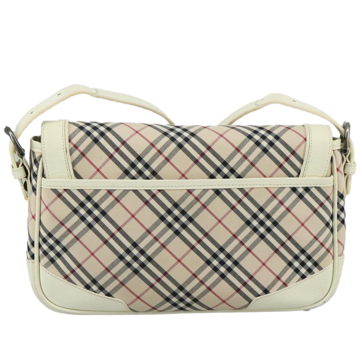 BURBERRY Nova Check Shoulder Bag Canvas Leather Beige White Silver Auth 108570