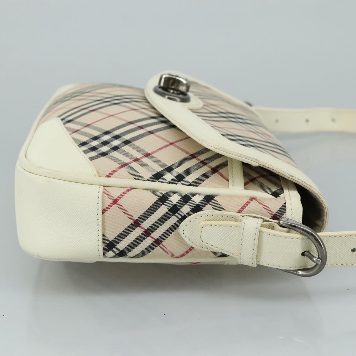 BURBERRY Nova Check Shoulder Bag Canvas Leather Beige White Silver Auth 108570