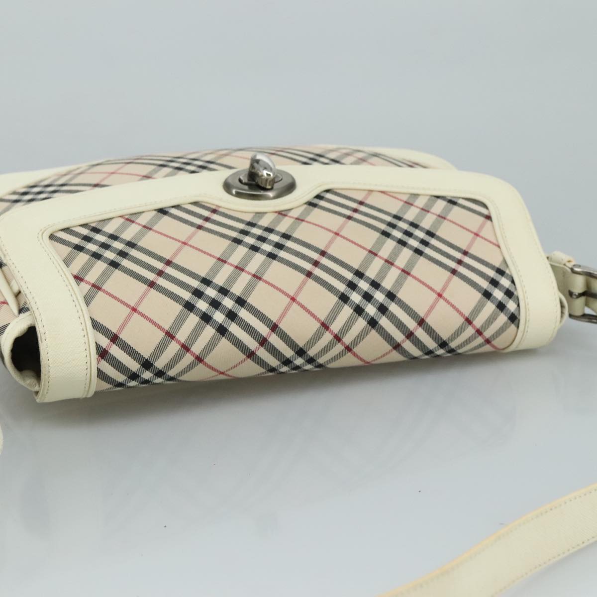 BURBERRY Nova Check Shoulder Bag Canvas Leather Beige White Silver Auth 108570