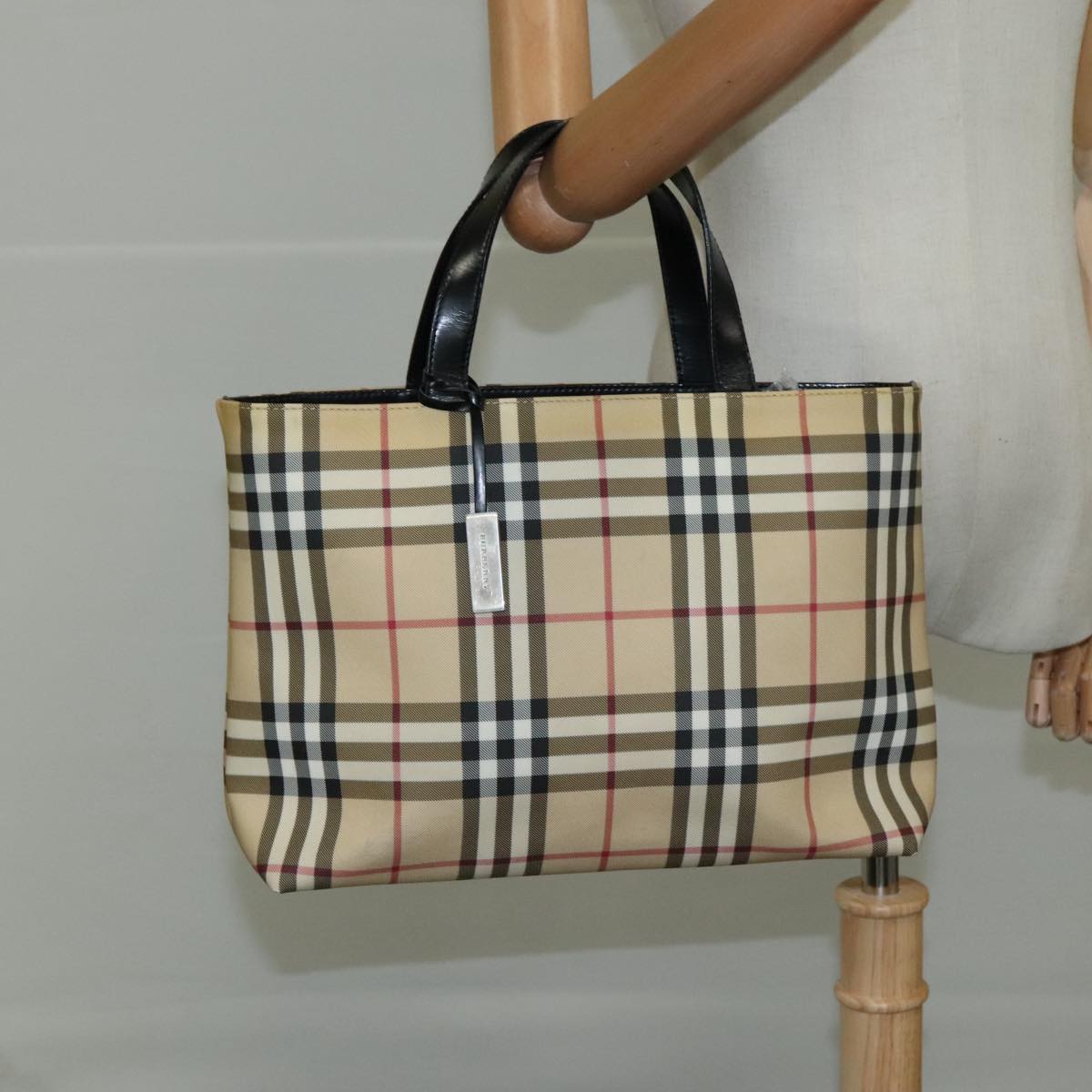 BURBERRY Nova Check Tote Bag PVC Leather Beige Auth 108644