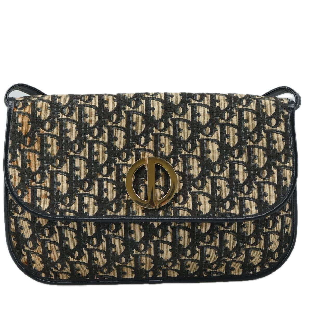 Christian Dior Trotter Canvas Shoulder Bag Navy Gold Auth 108685