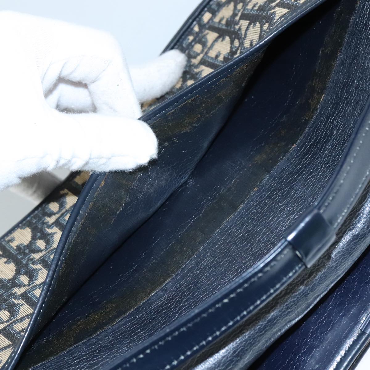 Christian Dior Trotter Canvas Shoulder Bag Navy Gold Auth 108685