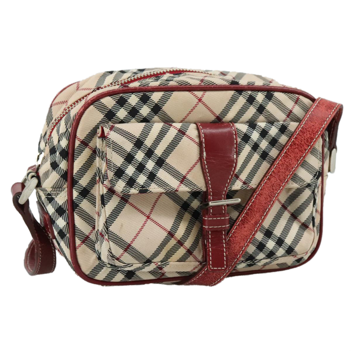 BURBERRY Nova Check Blue Label Shoulder Bag Nylon Beige Silver Auth 108828