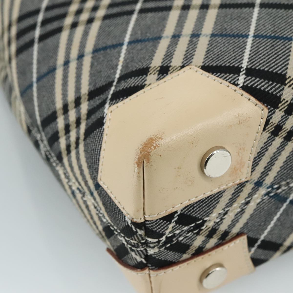 BURBERRY Nova Check Blue Label Tote Bag Canvas Navy Beige Silver Auth 108831