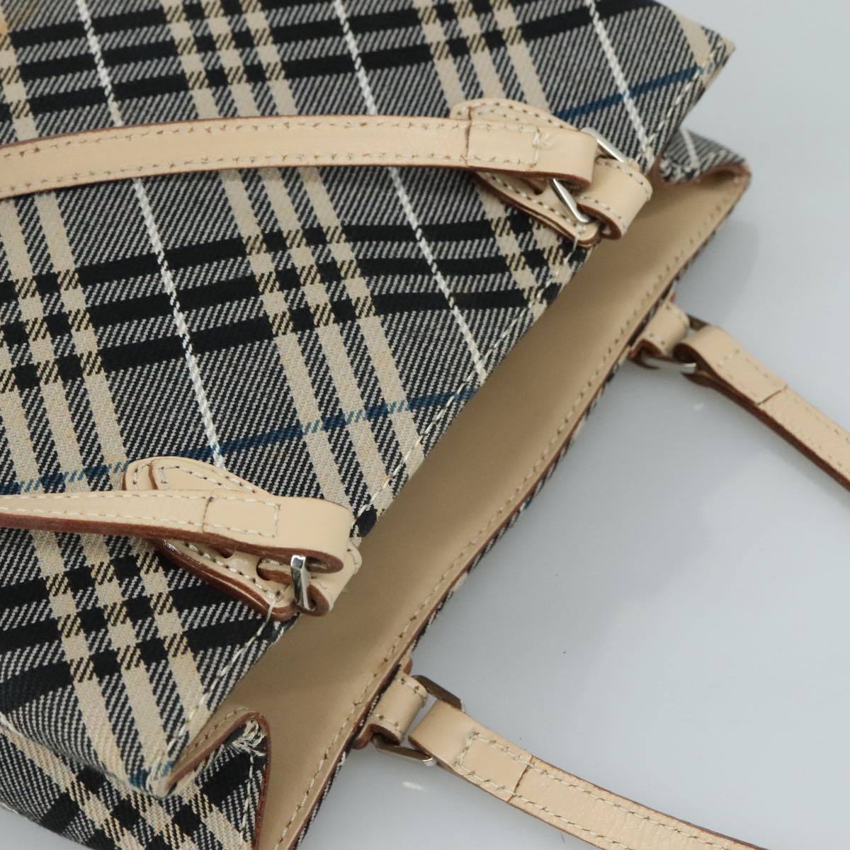 BURBERRY Nova Check Blue Label Tote Bag Canvas Navy Beige Silver Auth 108831