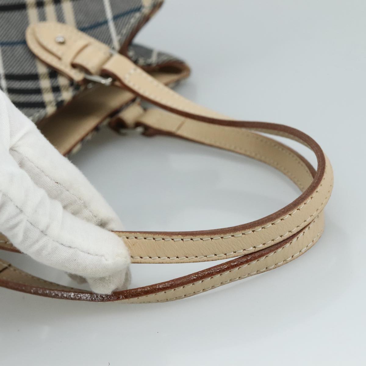 BURBERRY Nova Check Blue Label Tote Bag Canvas Navy Beige Silver Auth 108831