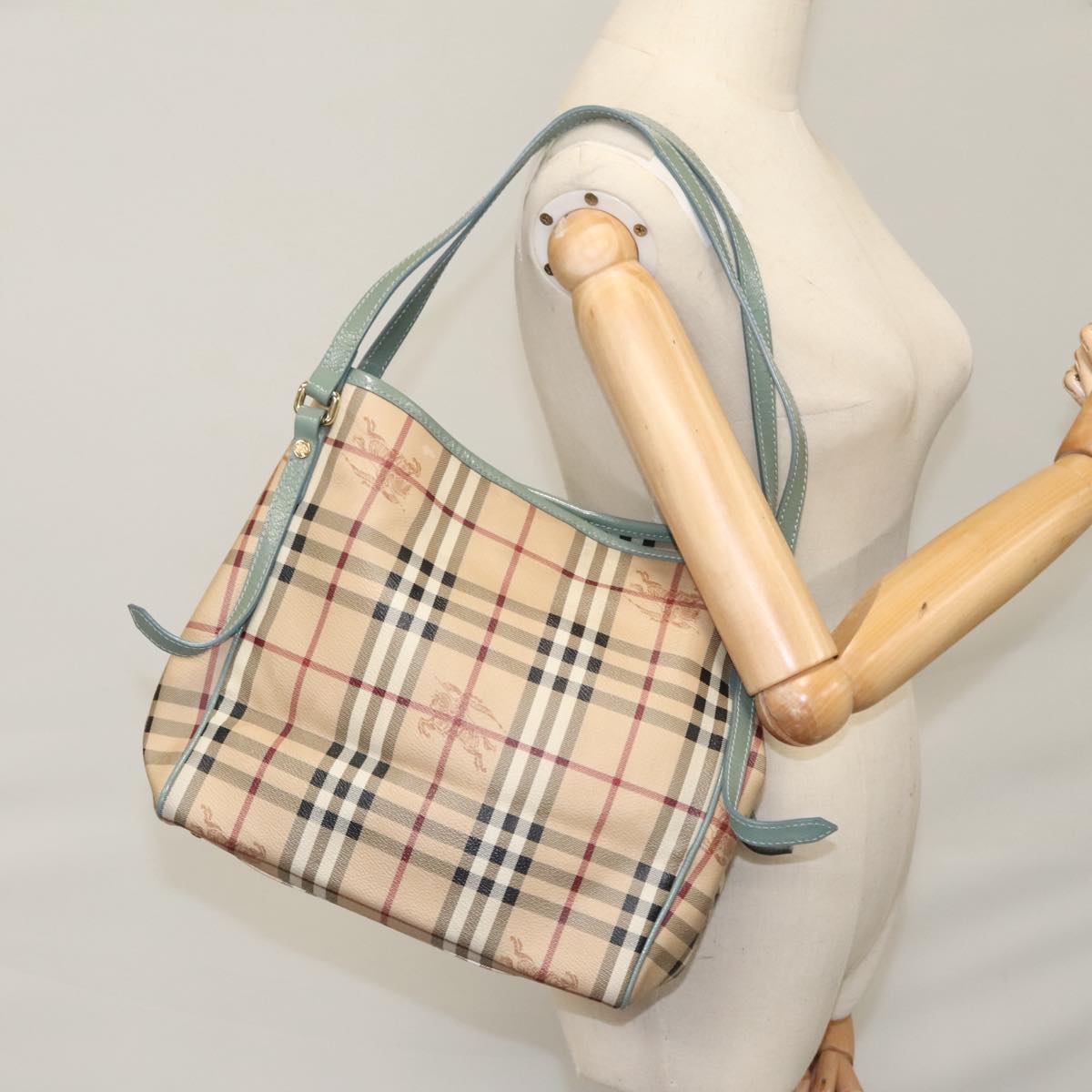 BURBERRY Nova Check Tote Bag PVC Leather Beige Green gold Auth 108860