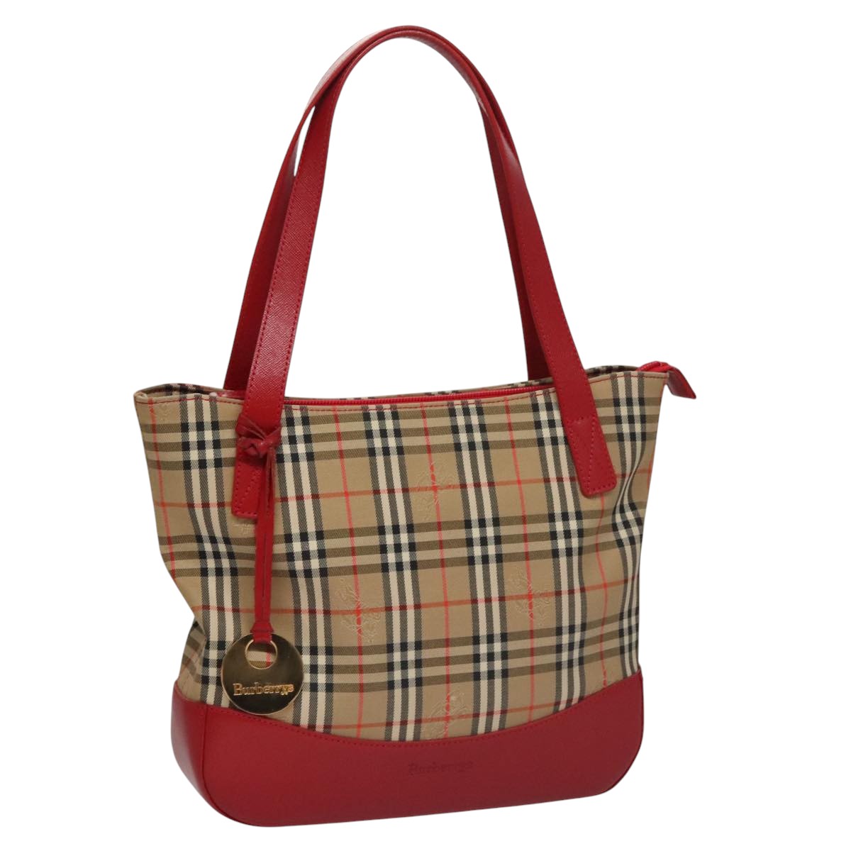 Burberrys Nova Check Hand Bag Canvas Leather Beige Red gold Auth 108865