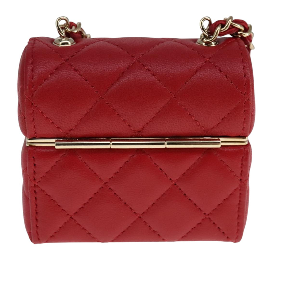 CHANEL Small Box Matelasse Chain Pouch Lamb Skin Red CC Auth 108916AV