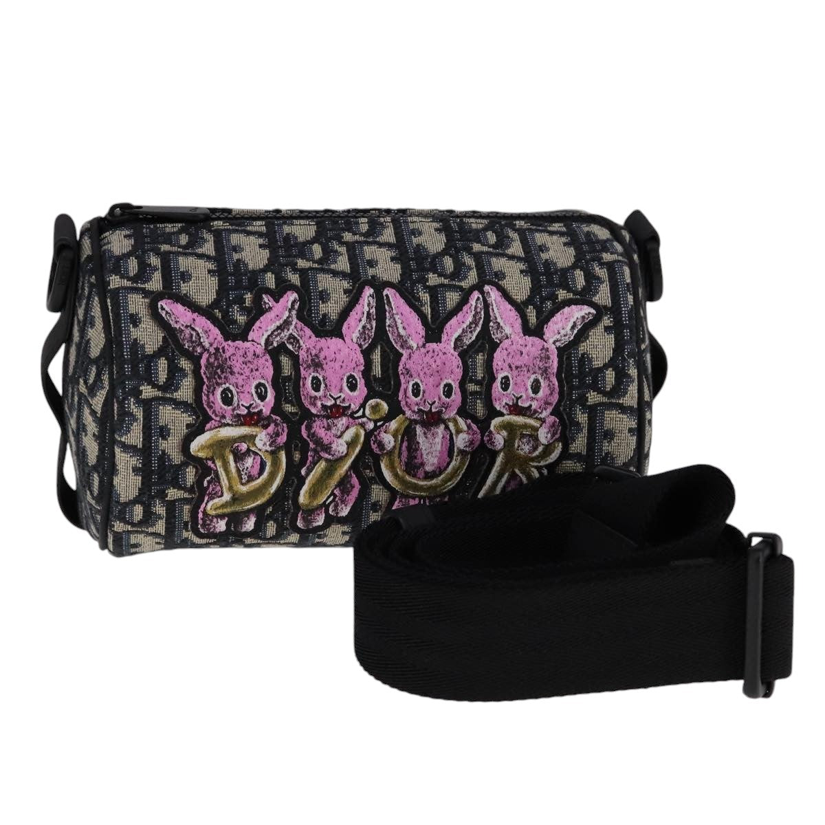 Christian Dior Trotter Canvas Oblique Rabbit Shoulder Bag Navy Auth 108919SM