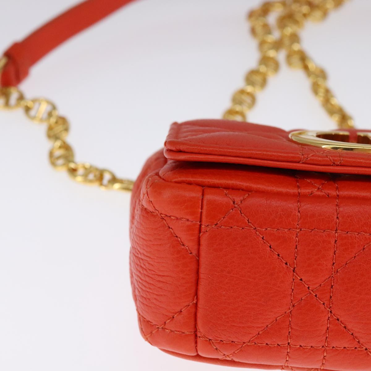Christian Dior Caro Micro Chain Canage Shoulder Bag Leather Orange Auth 108920SAM