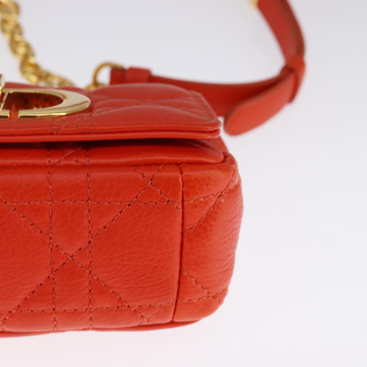 Christian Dior Caro Micro Chain Canage Shoulder Bag Leather Orange Auth 108920SAM
