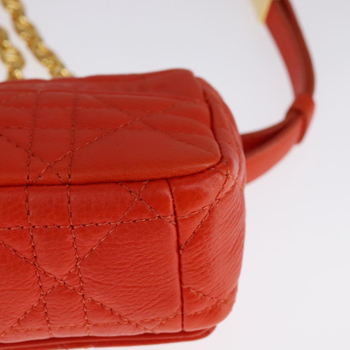 Christian Dior Caro Micro Chain Canage Shoulder Bag Leather Orange Auth 108920SAM