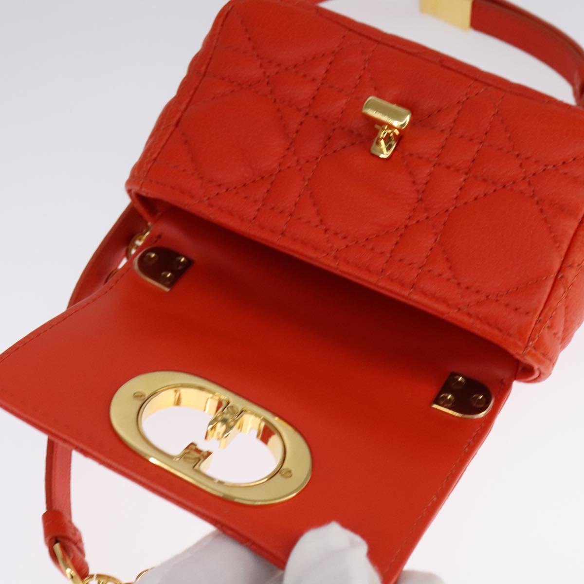 Christian Dior Caro Micro Chain Canage Shoulder Bag Leather Orange Auth 108920SAM