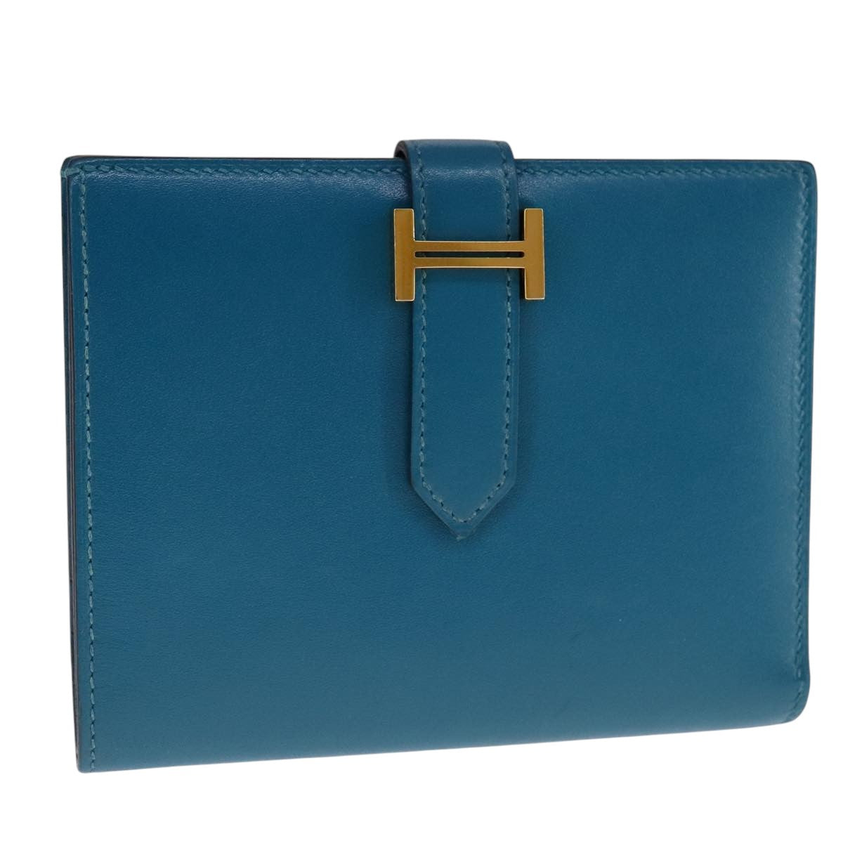 HERMES Bearn Compact Wallet Leather Blue Auth 108926