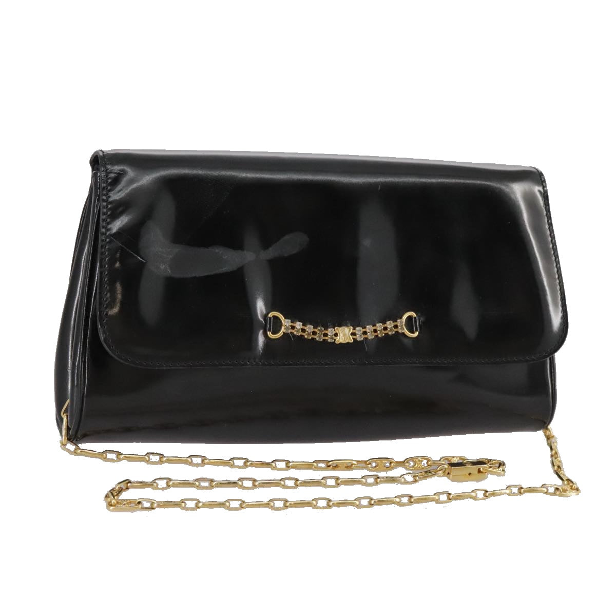 CELINE Chain Shoulder Bag Patent leather Black Auth 108958
