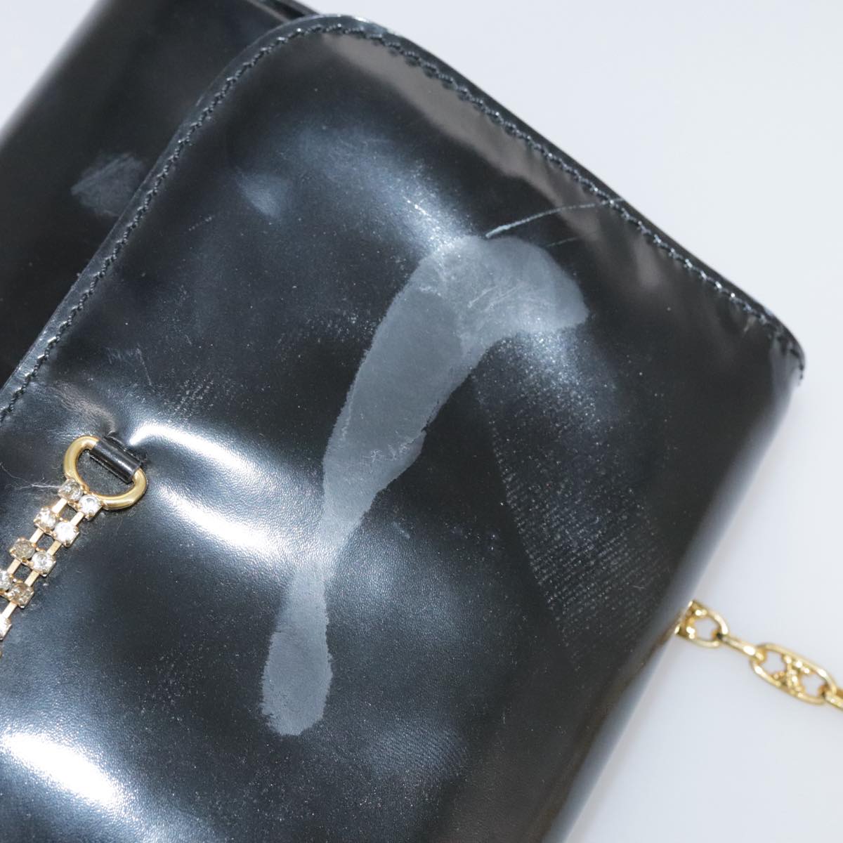 CELINE Chain Shoulder Bag Patent leather Black Auth 108958