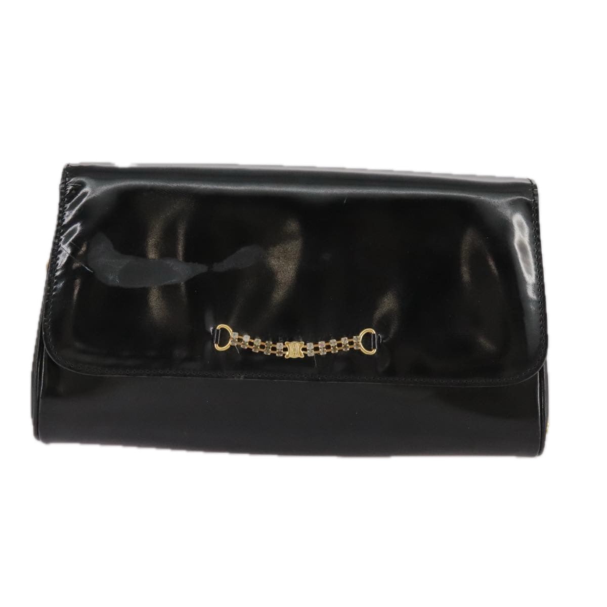 CELINE Chain Shoulder Bag Patent leather Black Auth 108958