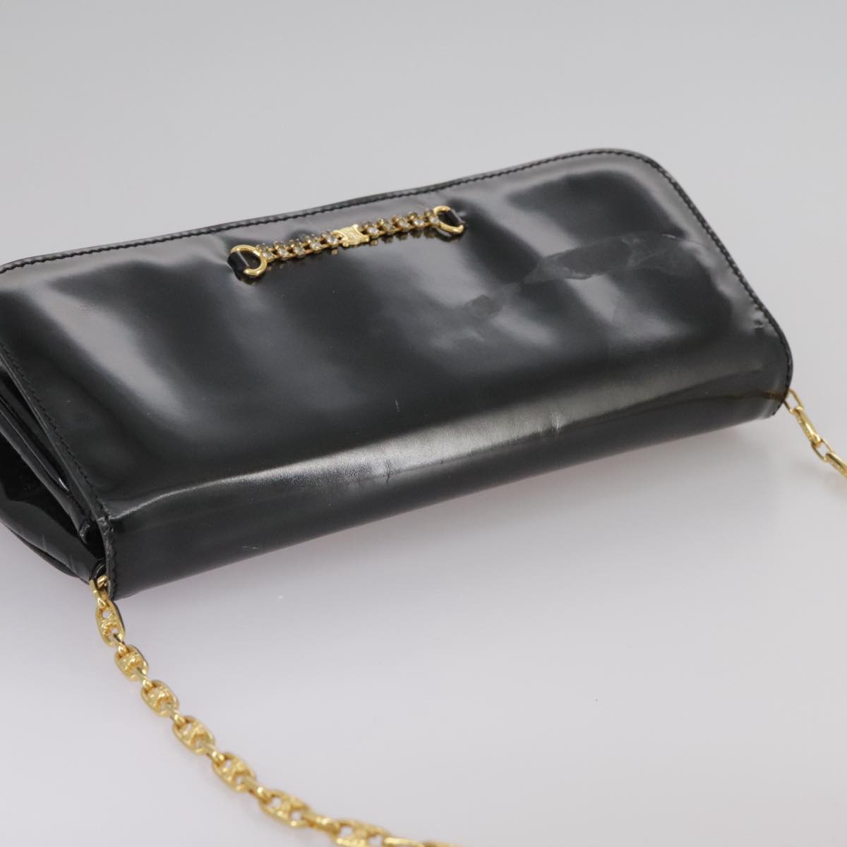 CELINE Chain Shoulder Bag Patent leather Black Auth 108958