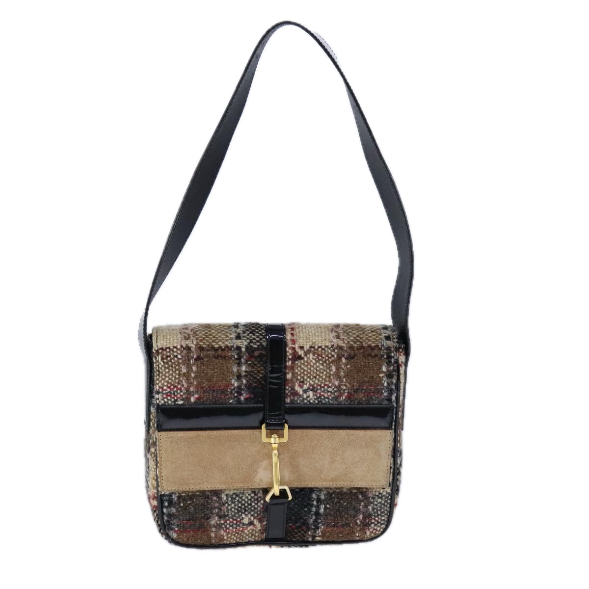 BURBERRY Nova Check Shoulder Bag Wool Leather Beige Black gold Auth 109097