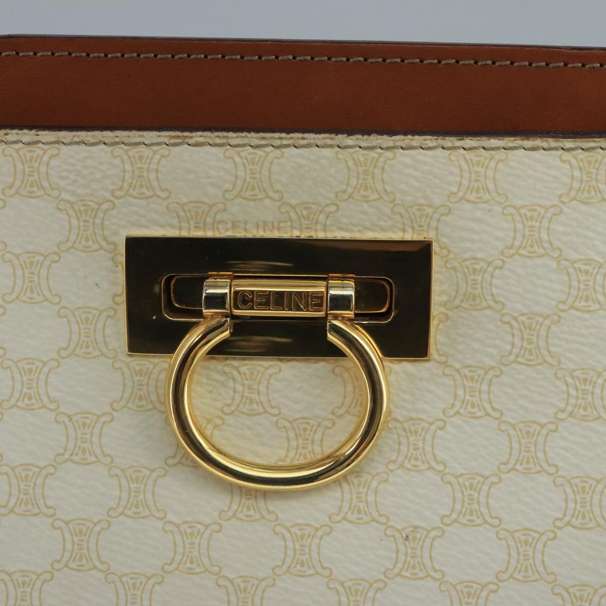 CELINE Macadam Canvas Hand Bag PVC Leather White Gold Auth 109369