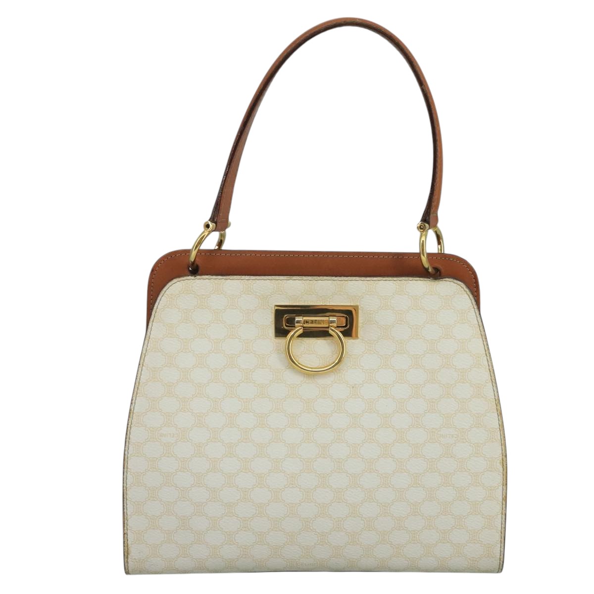 CELINE Macadam Canvas Hand Bag PVC Leather White Gold Auth 109369