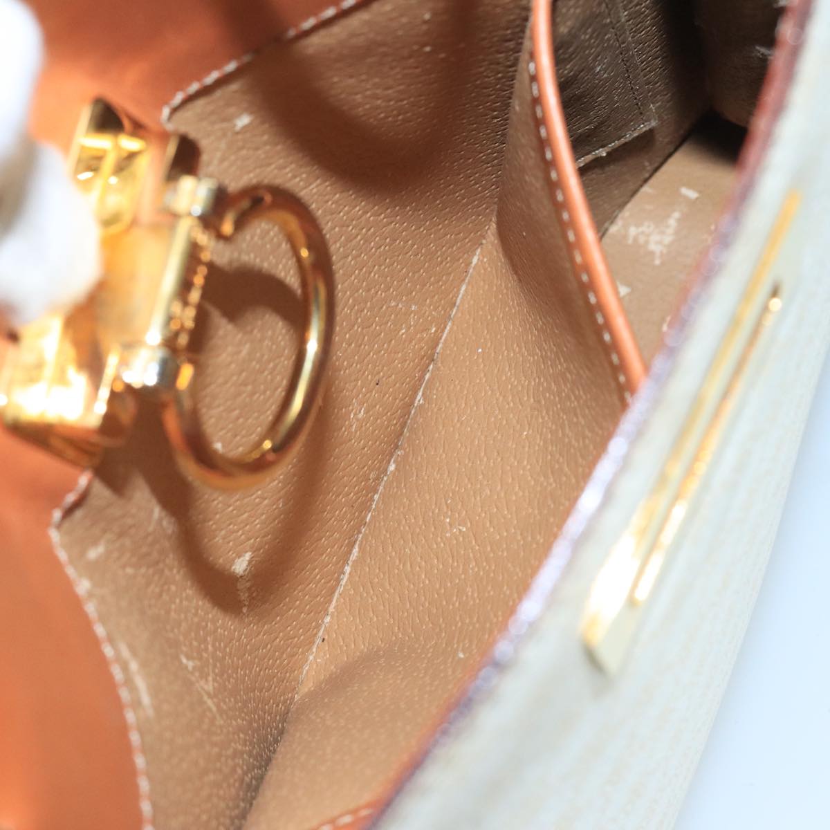 CELINE Macadam Canvas Hand Bag PVC Leather White Gold Auth 109369