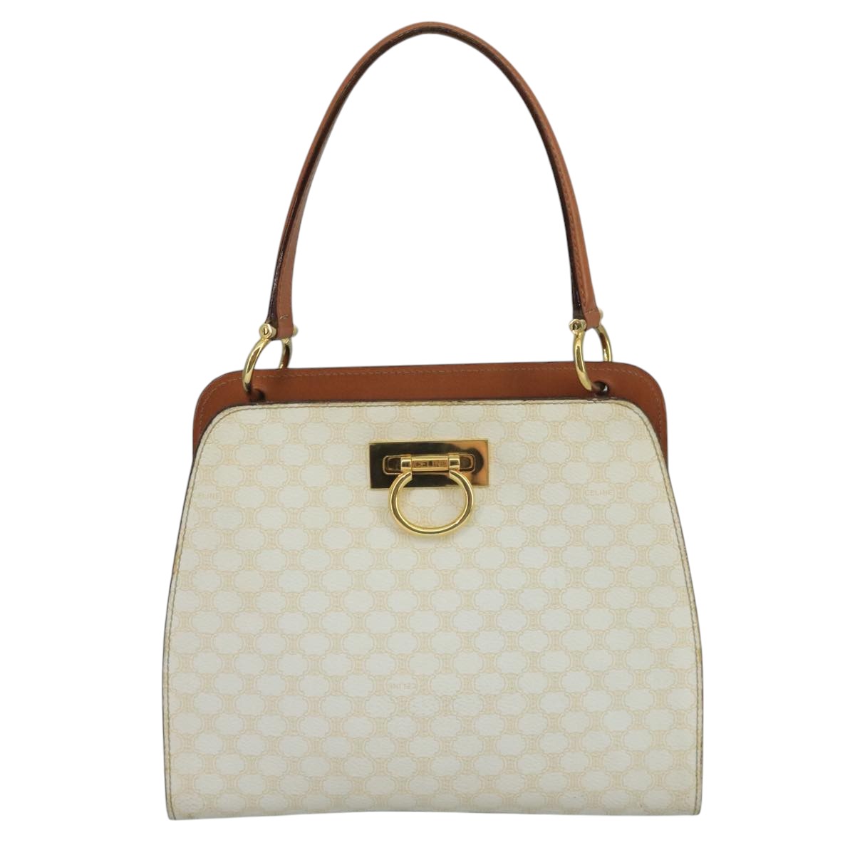 CELINE Macadam Canvas Hand Bag PVC Leather White Gold Auth 109369
