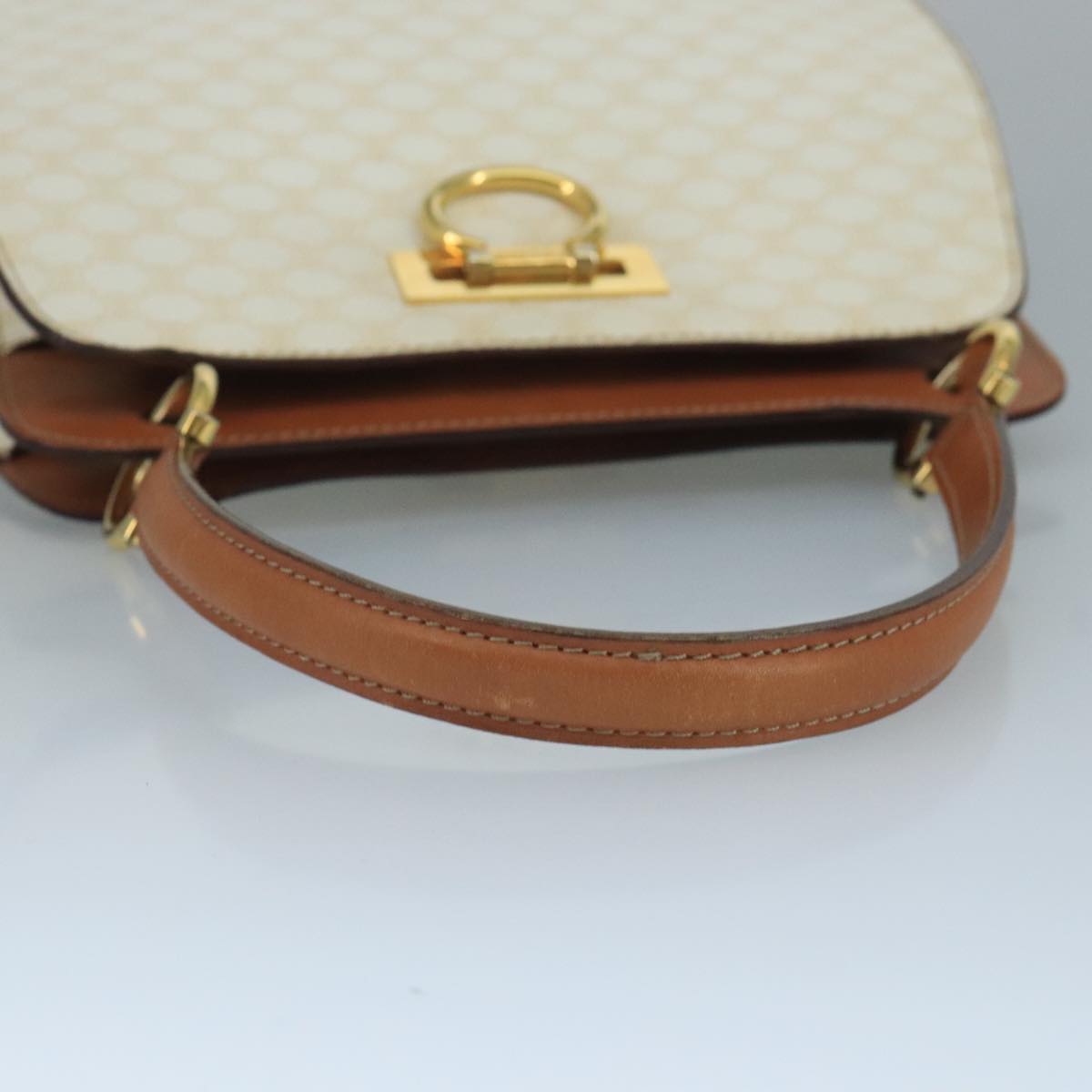 CELINE Macadam Canvas Hand Bag PVC Leather White Gold Auth 109369