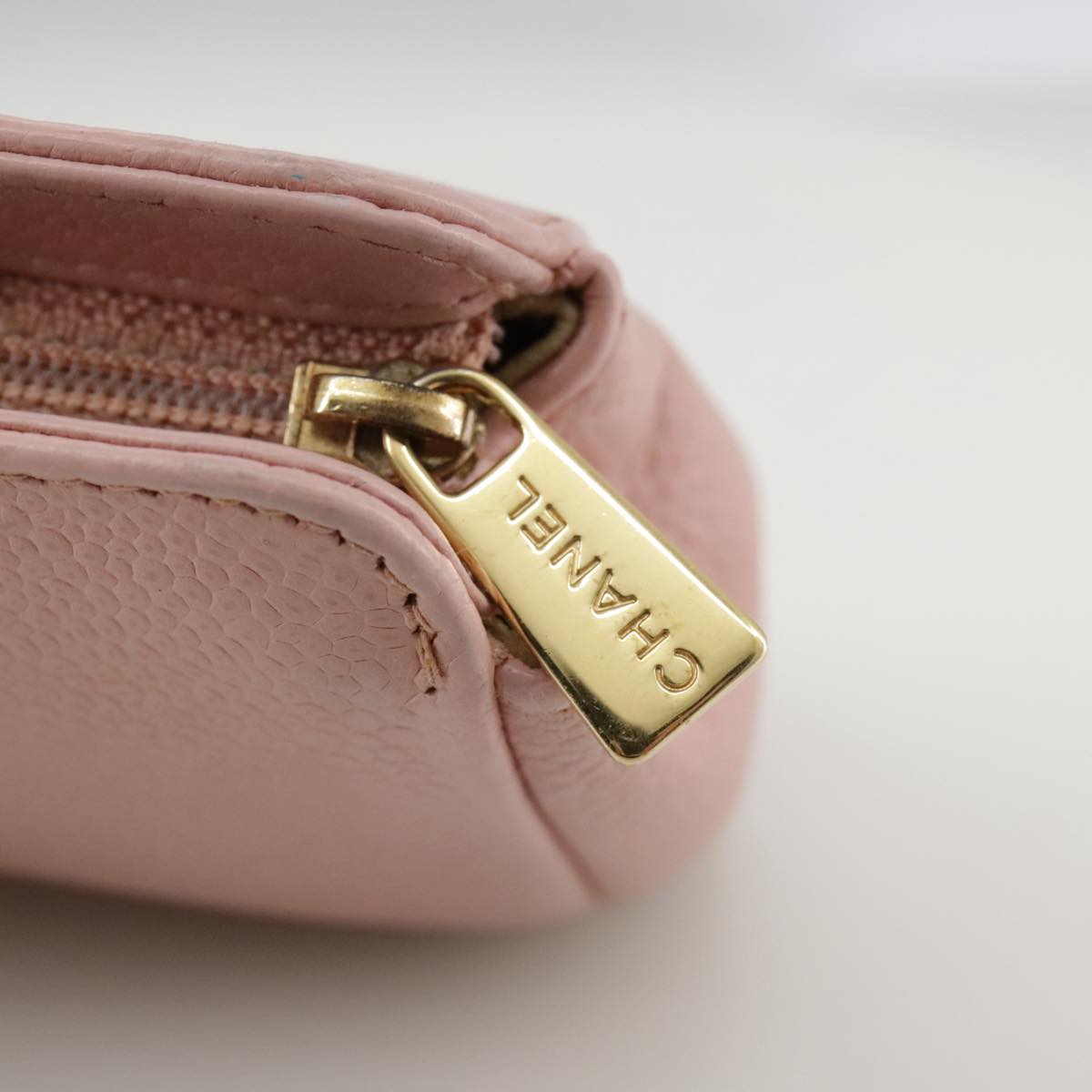 CHANEL COCO Mark Pouch Caviar Skin Pink Gold CC Auth 109423