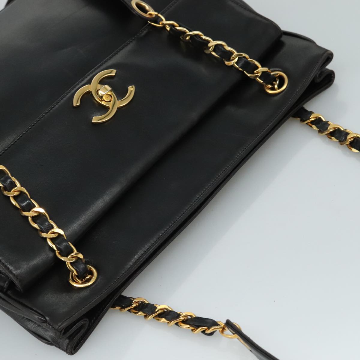 CHANEL COCO Mark Chain Shoulder Bag Lamb Skin Black Gold CC Auth 109490