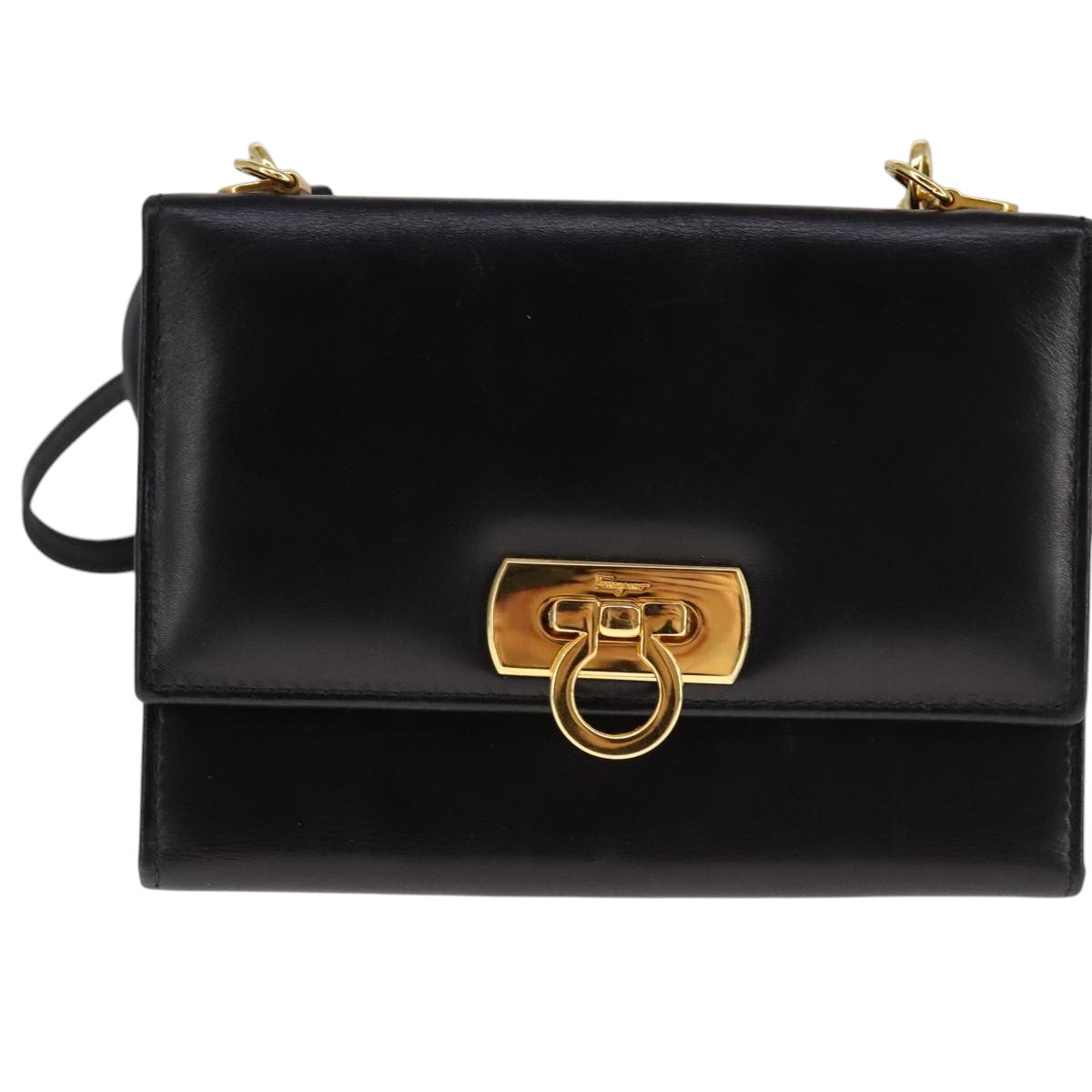 Salvatore Ferragamo Gancini Shoulder Wallet Leather Gold Black Auth 109714