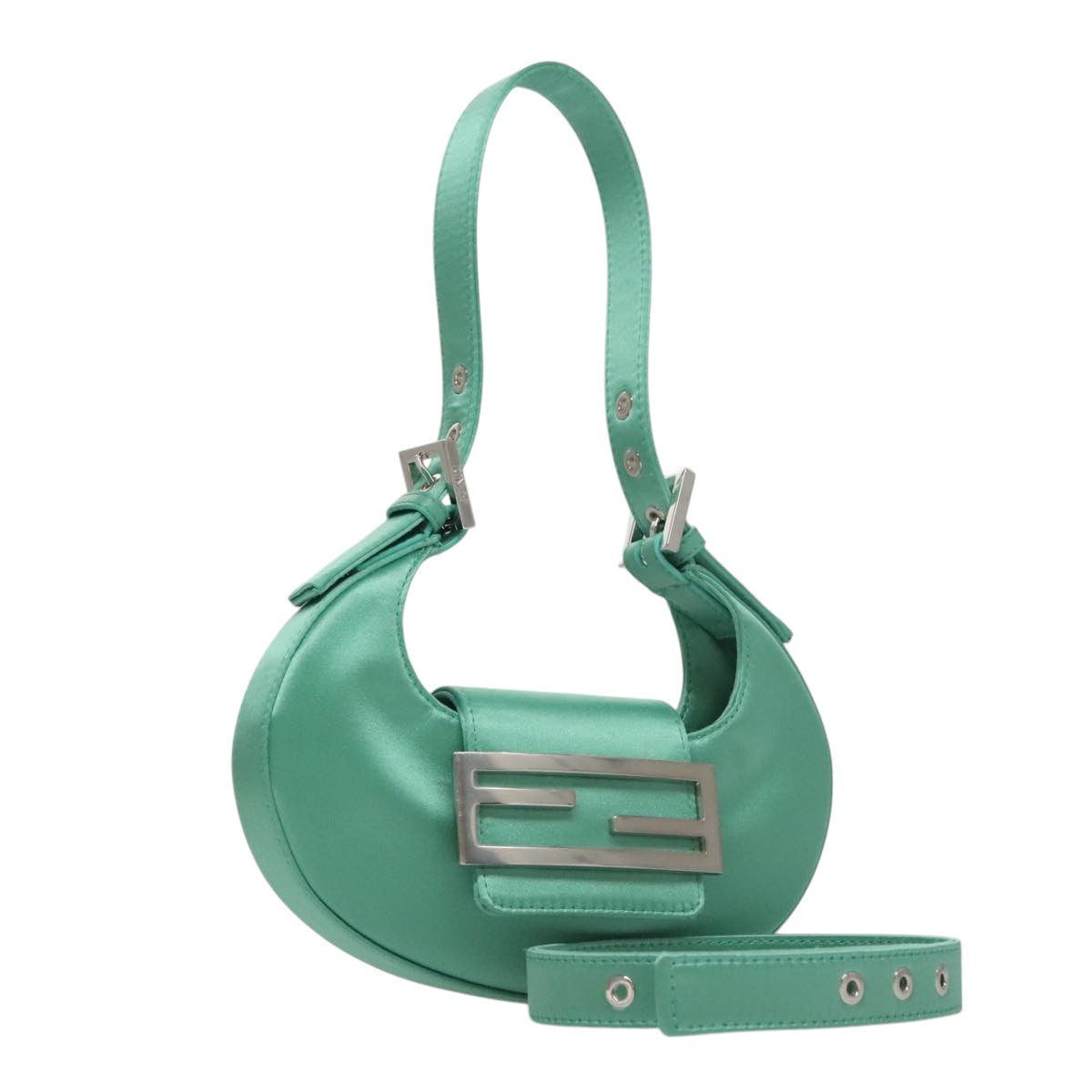 FENDI Hand Bag Satin Green Auth 109715SAV
