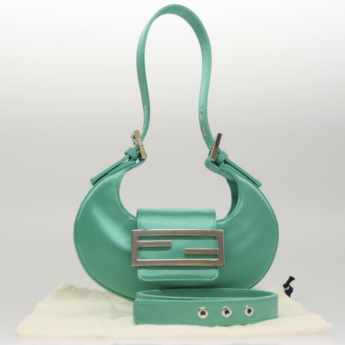 FENDI Hand Bag Satin Green Auth 109715SAV