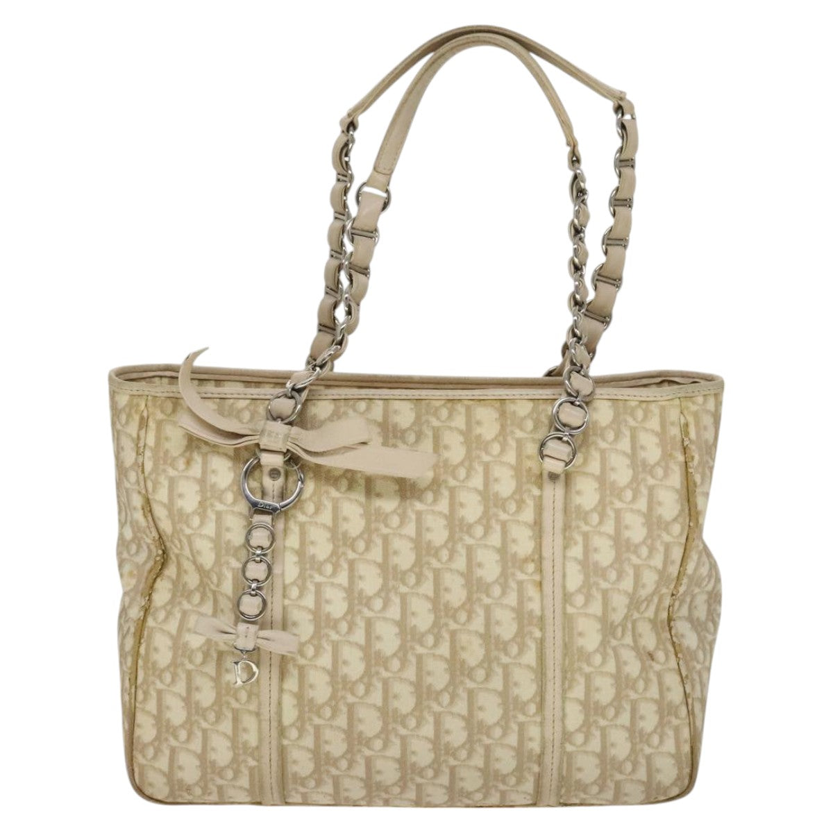 Christian Dior Trotter Canvas Trotter Romantic Bag PVC Beige Silver Auth 109778