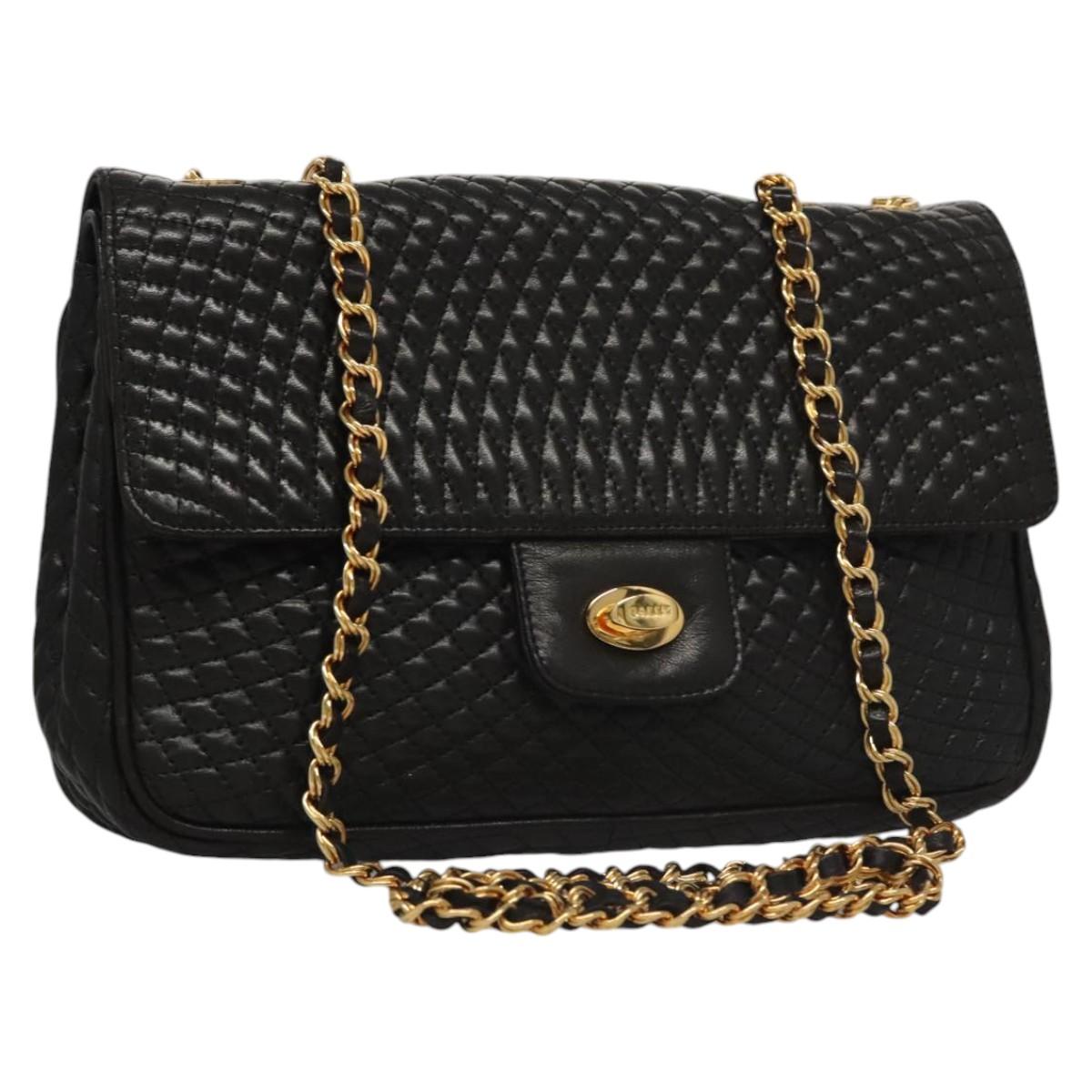 BALLY Quilted Chain Shoulder Bag Leather Black Auth 109809