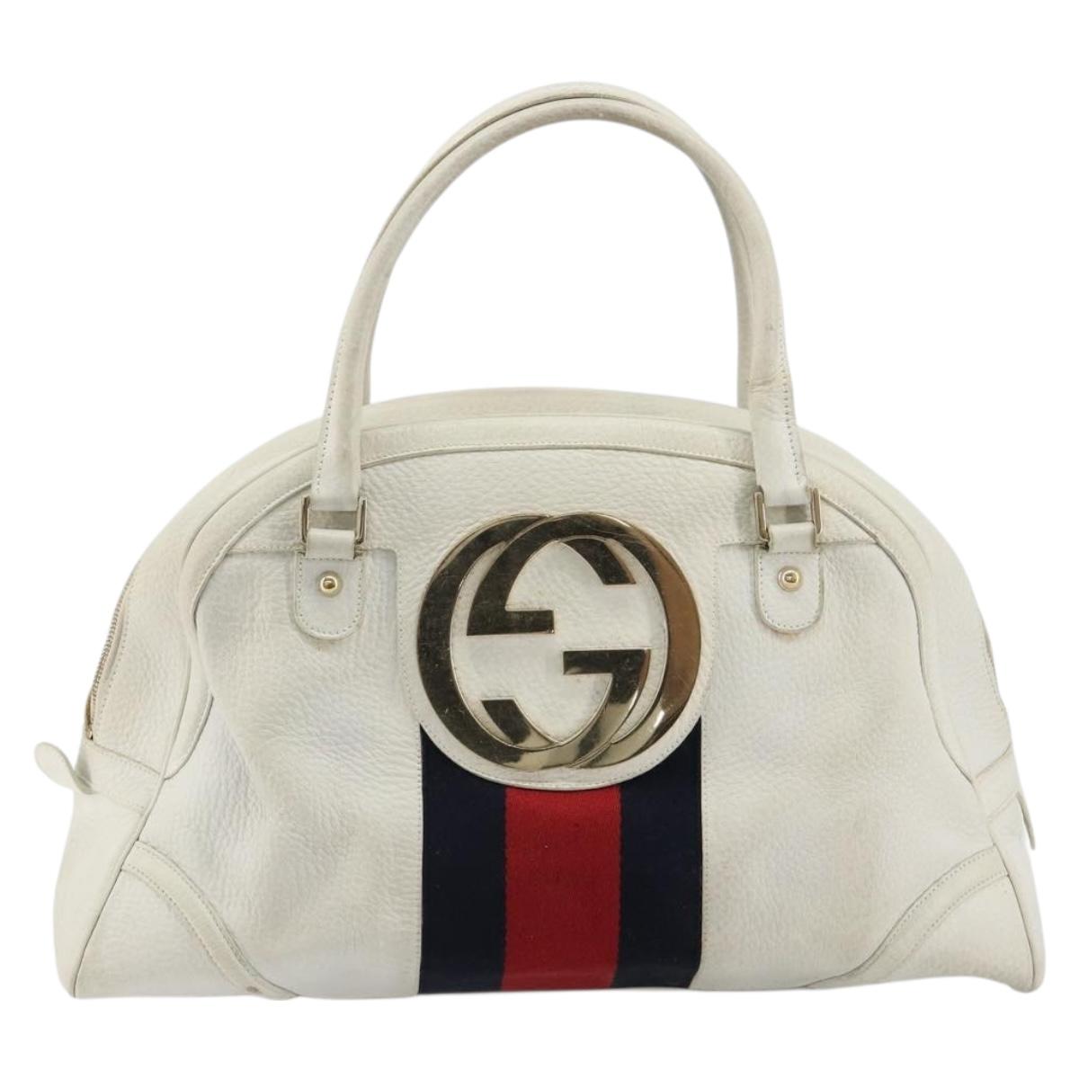 GUCCI Sherry Line Hand Bag Leather White Red Navy Auth 109855