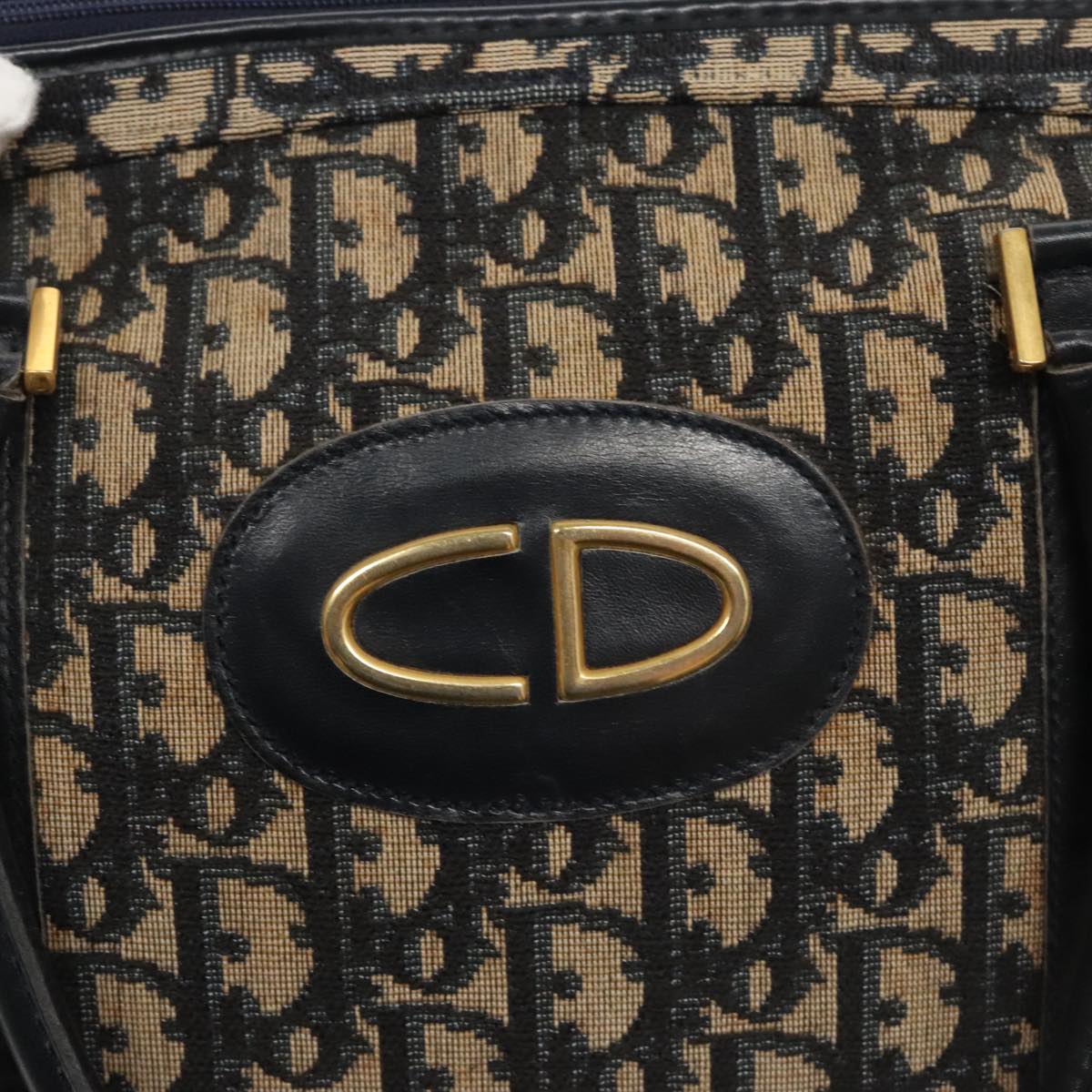 Christian Dior Trotter Canvas Hand Bag Navy Gold Auth 109925