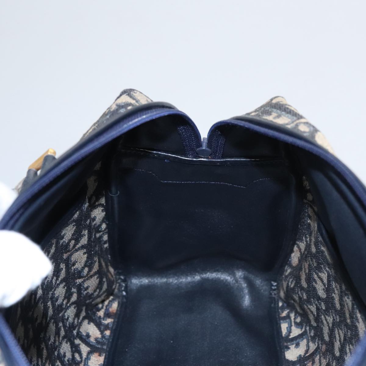 Christian Dior Trotter Canvas Hand Bag Navy Gold Auth 109925