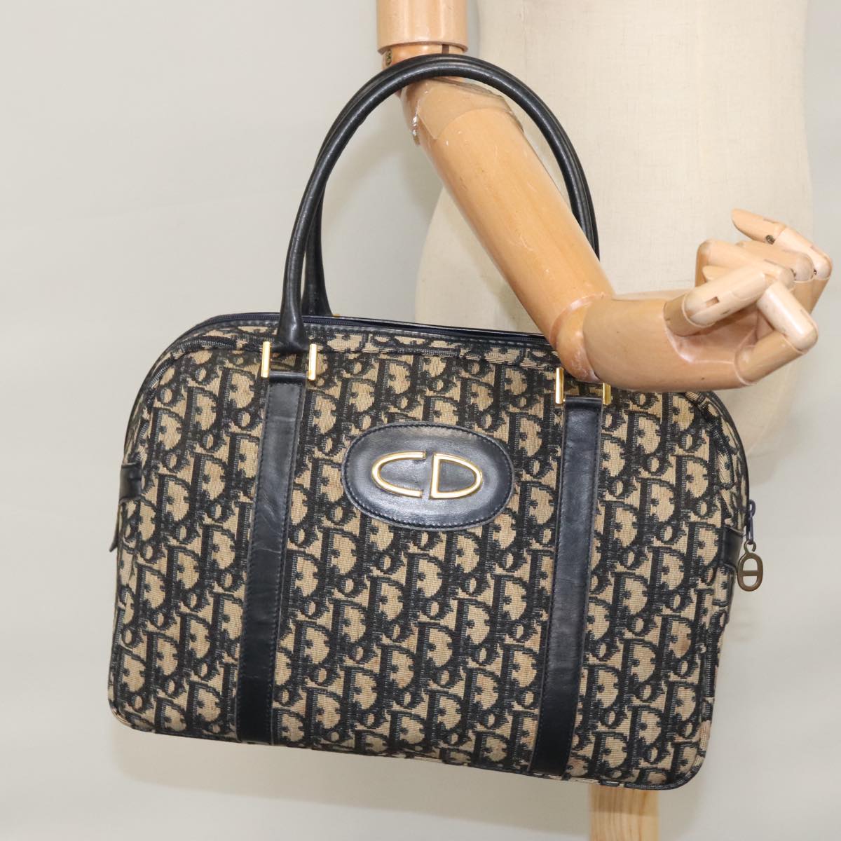 Christian Dior Trotter Canvas Hand Bag Navy Gold Auth 109925