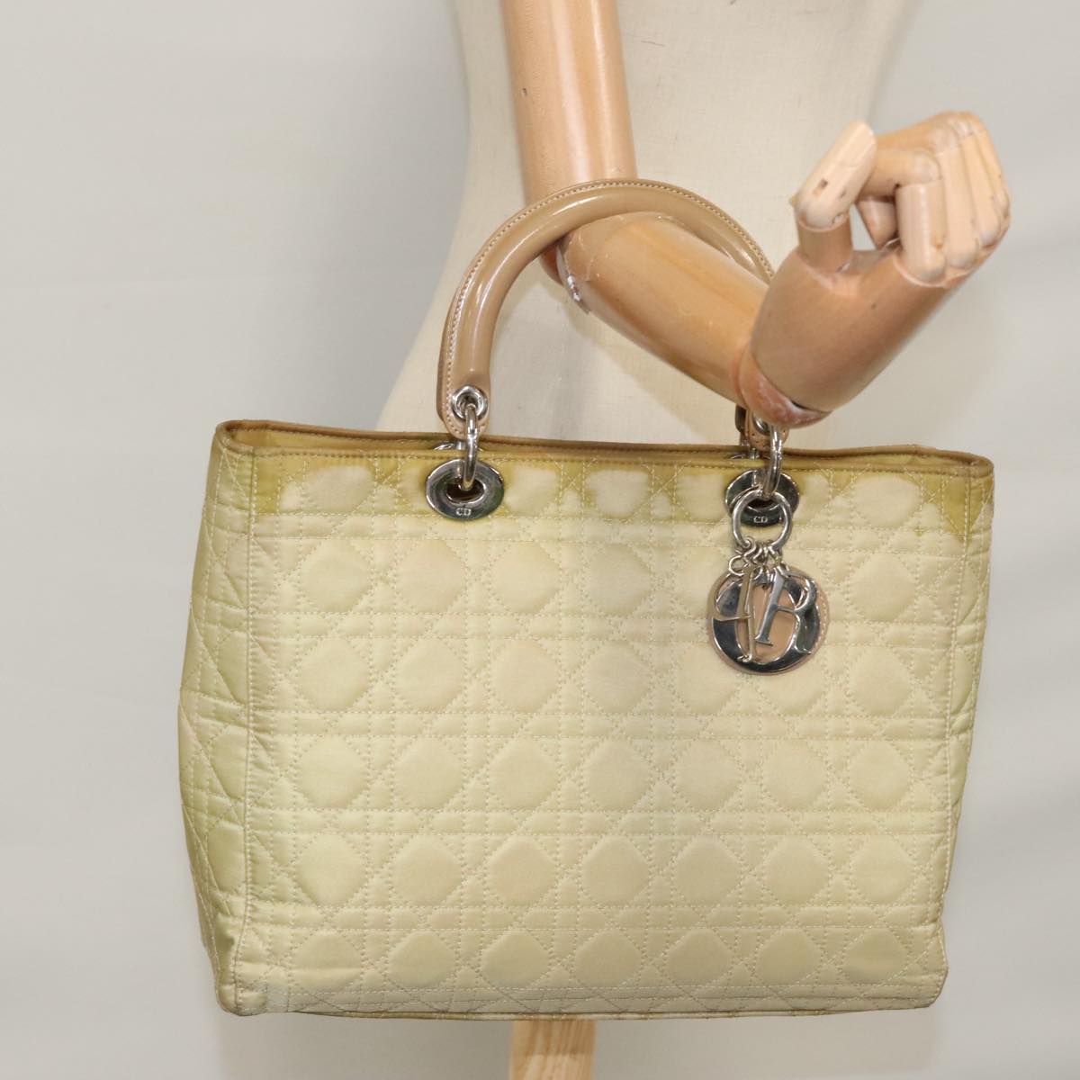 Christian Dior Canage Hand Bag Nylon Beige Silver Auth 109994