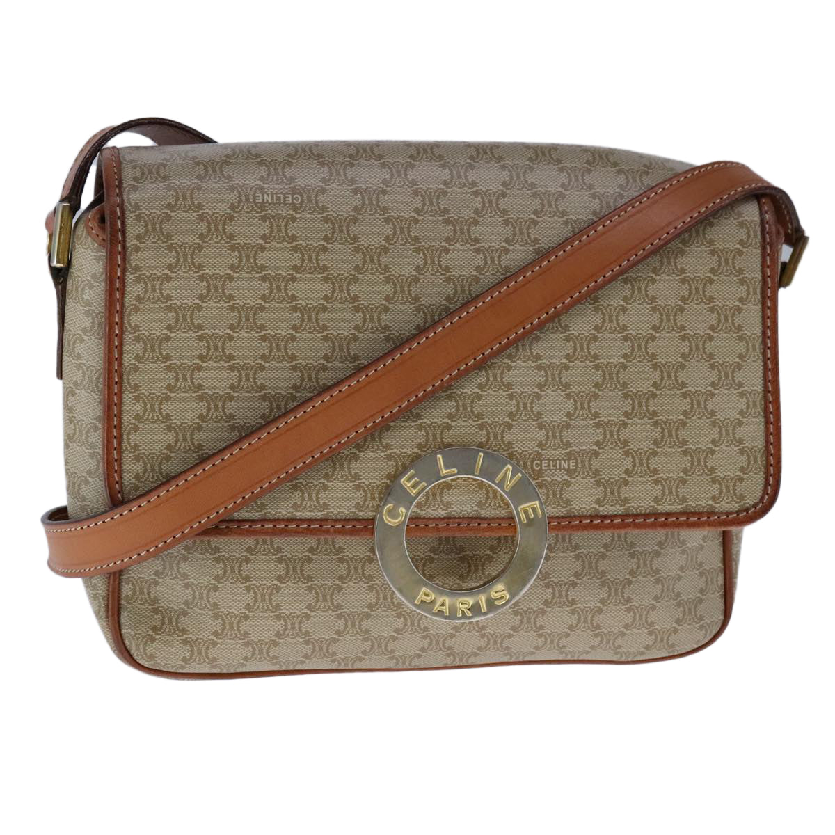 CELINE Macadam Canvas Circle Shoulder Bag Beige Auth 110010