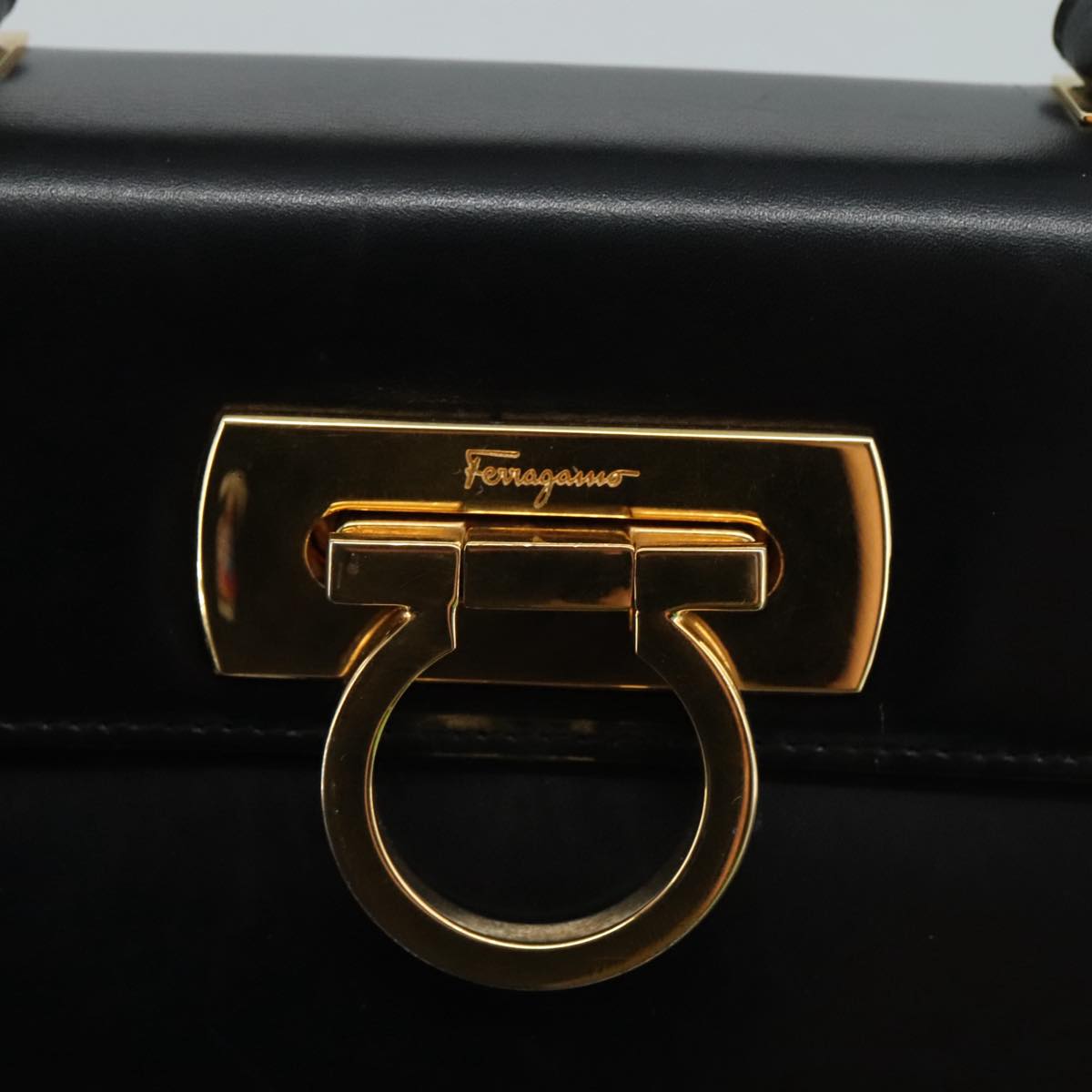 Salvatore Ferragamo Gancini Hand Bag Leather Black Gold Auth 110014