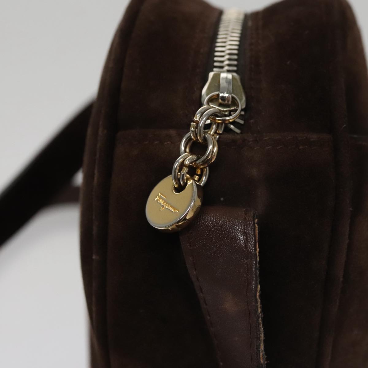 Salvatore Ferragamo Gancini Shoulder Bag Suede Brown Gold Auth 110015