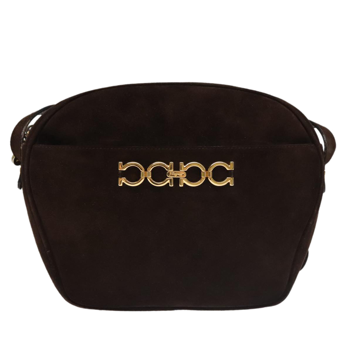 Salvatore Ferragamo Gancini Shoulder Bag Suede Brown Gold Auth 110015